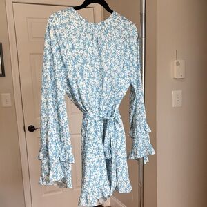Light Blue Floral Ruffle-Sleeve Wrap romper Fully Lined